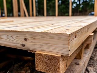 House under construction with a partially built deck, planks and beams around, deck building, outdoor living
