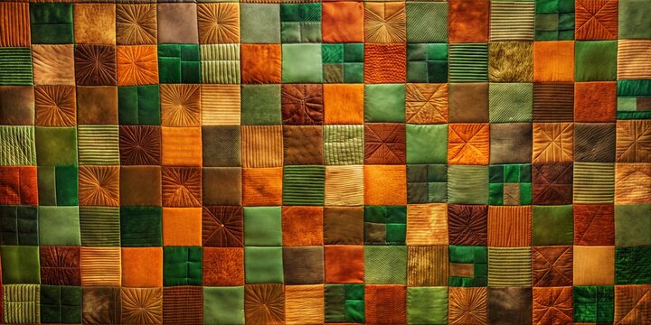 Colorful patchwork textile display in warm hues
