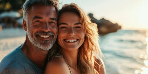Obraz premium Close up portrait of mature man and woman model couple on the beach feeling lovely