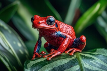 Red and Blue Poison Dart Frog Perched on a Leaf