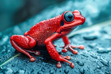 A Vibrant Red Poison Dart Frog Perched on a Wet Leaf
