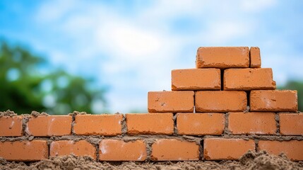 Obraz premium Close-up of a bricklayer building a wall, bricks and mortar in the foreground, bricklaying, building progress