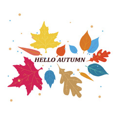 hello autumn card with colored leaves