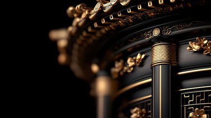 A close up of a gold and black object with flowers. The object is ornate and has a sense of luxury