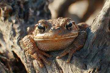 Obraz premium Close-up of a Brown Toad Resting on Rough Bark