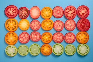 Fototapeta premium Colorful Tomato Slices Pattern on Blue Background