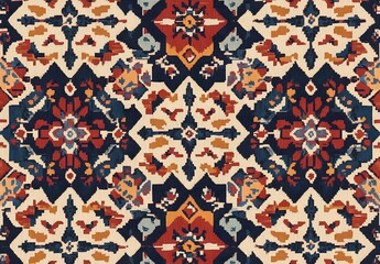 Intricate Geometric Carpet Design with Traditional Tribal Motifs