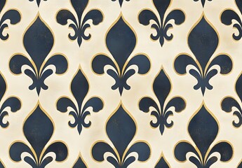 Navy Blue And Cream Fleur-De-Lis Pattern With Gold Accents