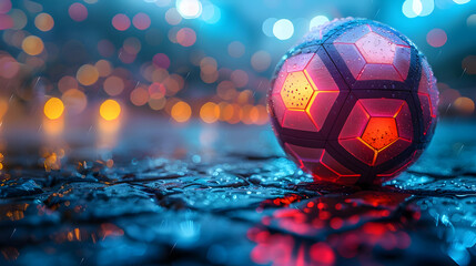 Naklejka premium Glowing Soccer Ball in the Rain - 3D Illustration