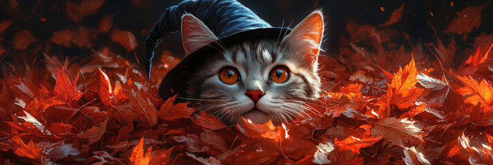 A cute cat wearing a witch's hat peeks out from a pile of autumn leaves.
