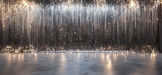 Silver and gold tinsel curtain backdrop with a gray concrete floor.
