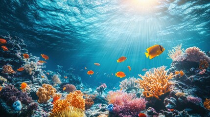 Naklejka premium A vibrant coral reef teeming with colorful fish, clear turquoise waters, and sunbeams filtering down from the surface