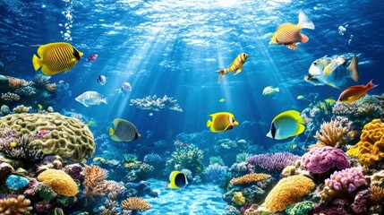A vibrant coral reef teeming with colorful fish, clear turquoise waters, and sunbeams filtering down from the surface