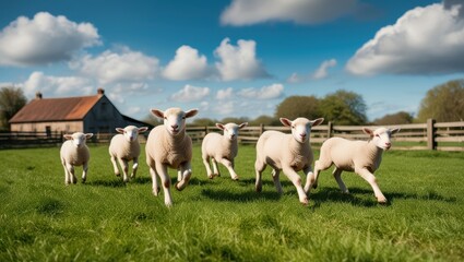 Obraz premium Five Lambs Running Through a Field