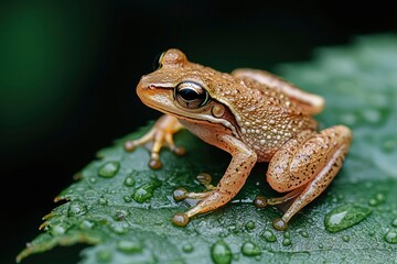 Close-up of a Small Brown Frog on a Wet Green Leaf