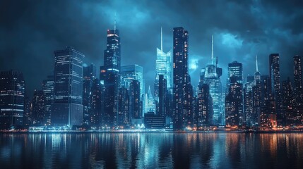 Obraz premium a city skyline at night, with towering buildings illuminated against the dark sky, creating a glowing urban landscape
