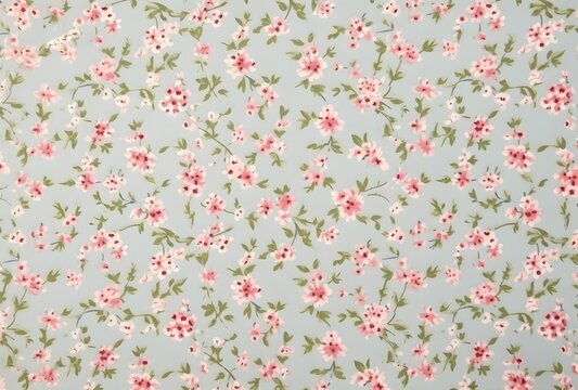 Vintage Floral Pattern on Light Green Linen Fabric