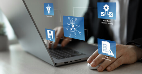 Engineer using laptop for optimization software AI bot with a Comprehensive Guide.Leveraging Artificial Intelligence in Decision Making. 