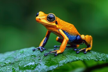 Obraz premium Vibrant Golden Poison Dart Frog on a Green Leaf
