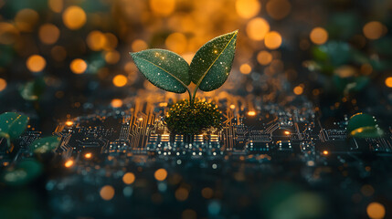 Green technology concept with a plant growing on a circuit board, a sustainable tech environment background, a banner for eco-friendly software development and digital innovation in the green energy i