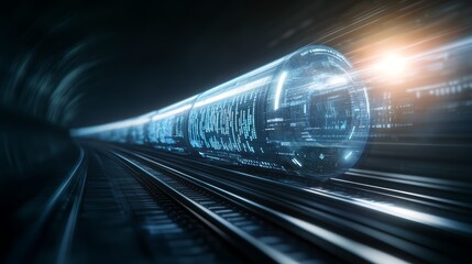 A futuristic train traveling through a dark tunnel, illuminated by vibrant lights, showcasing advanced technology and speed.