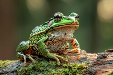 Fototapeta premium Green Tree Frog Perched on Moss-Covered Branch