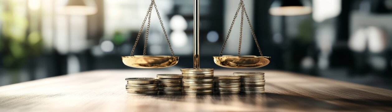 A balanced scale with coins symbolizes financial justice and equity in modern business and economic environments.