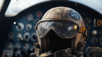 Fototapeta premium A WWII pilotâ€™s helmet with goggles, resting on a control panel, cold cockpit lighting