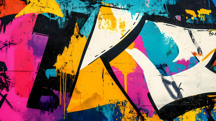 Fototapeta premium Colorful graffiti wall with abstract shapes, layered textures, and expressive strokes, capturing the essence of pop art in an artistic background. Graffiti Pop. Illustration