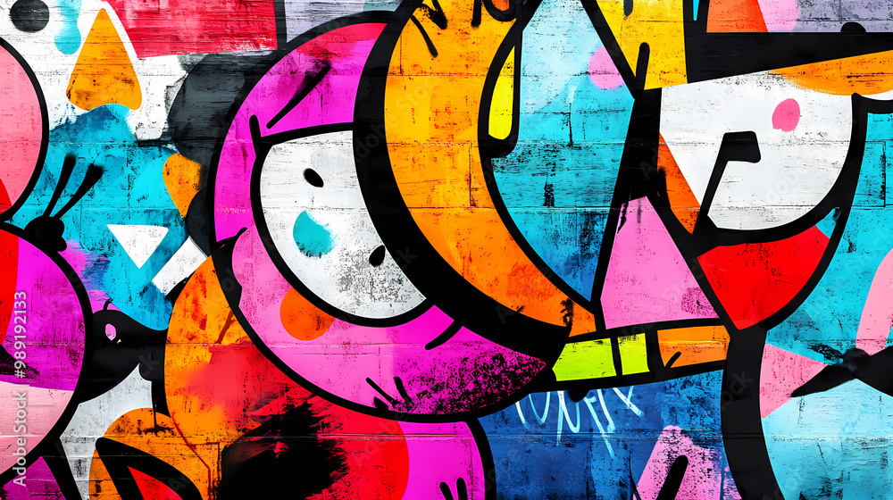 Wall mural colorful graffiti wall with abstract shapes, layered textures, and expressive strokes, capturing the