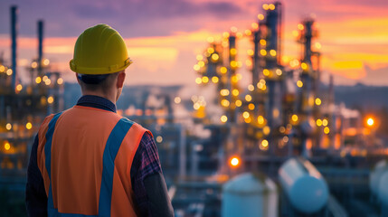 Rear view of engineer stands in front of large oil refinery at sunset.