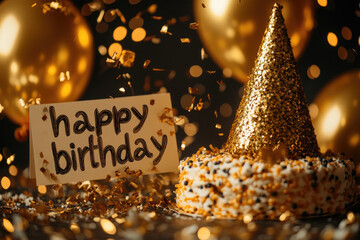 A beautifully decorated birthday cake surrounded by golden confetti and balloons, creating a cheerful atmosphere for the celebration