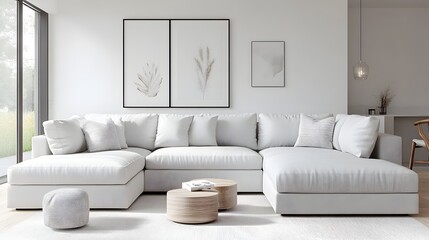 Cozy and inviting modern living room with a large comfortable sectional sofa and minimalist stylish decor  The light and airy palette of whites and grays creates a simple and uncluttered design