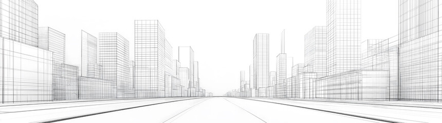 White background, city street perspective, buildings in the distance, wireframe drawing, city center with modern architecture buildings on both sides of urban streets, horizontal composition, 