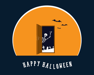 Happy Halloween. The moon and an open door with a skeleton in the background of graves