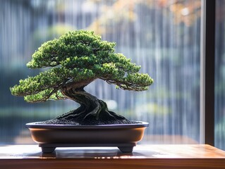 bonsai tree placed on a traditional Japanese display, its leaves pruned with precision, radiating a sense of tranquility