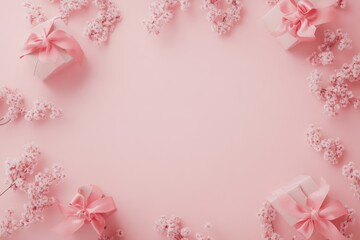 Soft pink background with delicate flowers stylish gift boxes