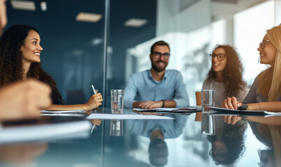 Young professionals in a modern office engaging in a collaborative meeting, reflected on a sleek glass table, highlighting teamwork and communication in a corporate setting