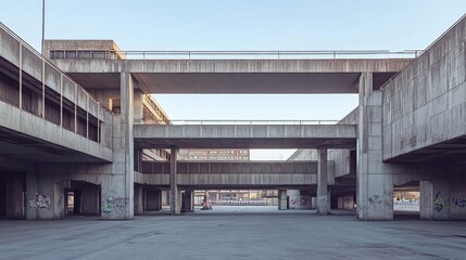 buildings with industrial designs, large concrete structures and steel beams, standing in an empty urban setting