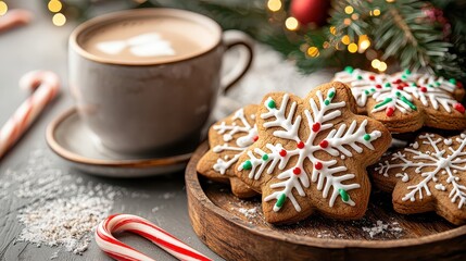 A plate of cookies with a cup of coffee on a table. The cookies are decorated with snowflakes and the coffee is hot. Scene is cozy and festive, perfect for a winter day