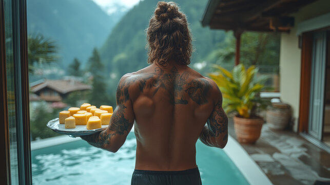 A muscular man with tattoos walks towards a mountain view pool, balancing a tray filled with yellow desserts on a warm, sunny day