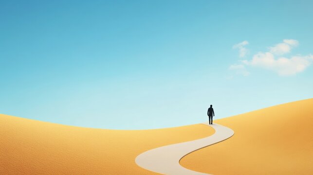 A solitary figure walks along a path that seems to stretch into infinity, with the horizon twisting and turning, creating an illusion of endless possibilities.