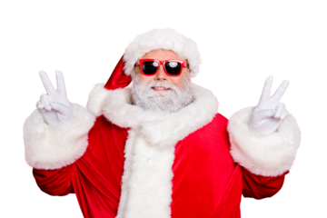 Close-up portrait of his he nice attractive cheerful cheery peaceful bearded Santa showing double v-sgn festive festal mood isolated over bright vivid shine red background