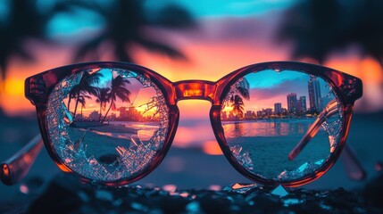 A pair of sunglasses with a cracked lens reflecting a tropical sunset and beach.
