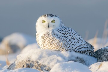 Fototapeta premium Snowy Owl Perched on Rocks in a Wintery Scene