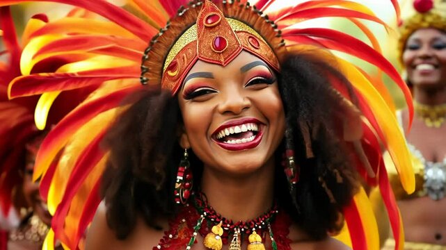 Carnival dancer in vibrant feathered headdress smiling brightly. Close-up of exuberant woman in colorful costume celebrating at festival. Energetic cultural parade and Brazilian samba performance