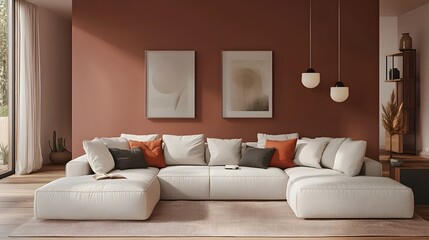 Cozy and inviting modern living room with a large comfortable sectional sofa and minimalist stylish decor the accent wall and decor adding depth and visual interest
