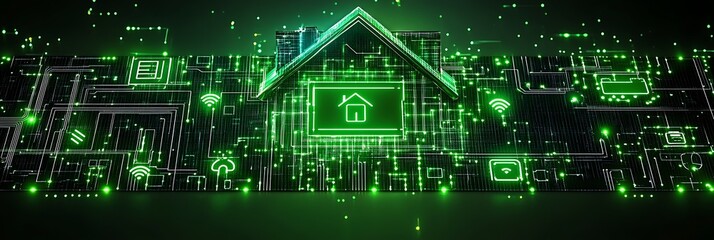 Fototapeta premium Futuristic green energy card dedicated advancements smart home energy systems featuring minimalist design broad blank area upper center for a personalized note surrounded by abstract smart home icons