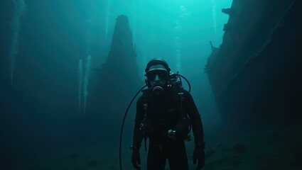 Underwater Explorer in the Depths of a Sunken Ship