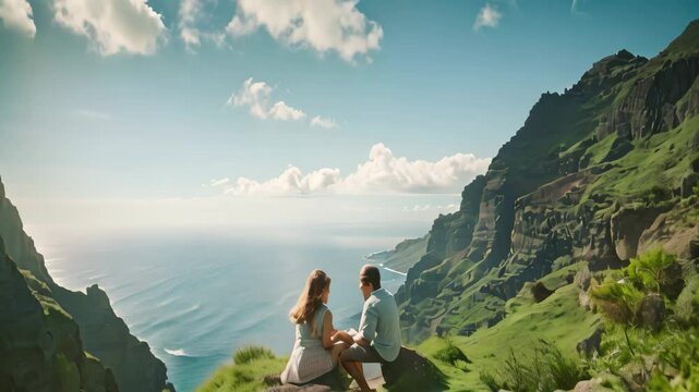 A man proposes to his girlfriend on a cliffside overlooking the ocean, A surprise marriage proposal in a scenic location